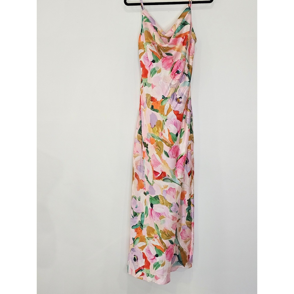 Morgan & Co Floral Cowl Neck Maxi Dress Pink Satin Feel Slit Size M